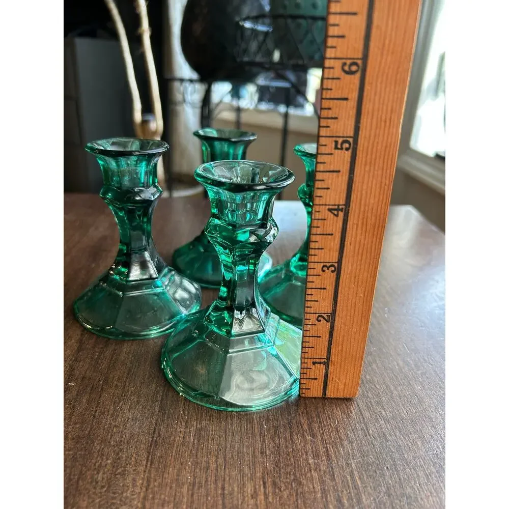 4 Vintage Emerald Green Indiana Glass Candlestick Holders